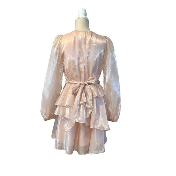 Idem Ditto Tiered Mini Dress Sz SM Metallic Pink LS Balloon Sleeve V Neck Lined - Picture 4 of 12